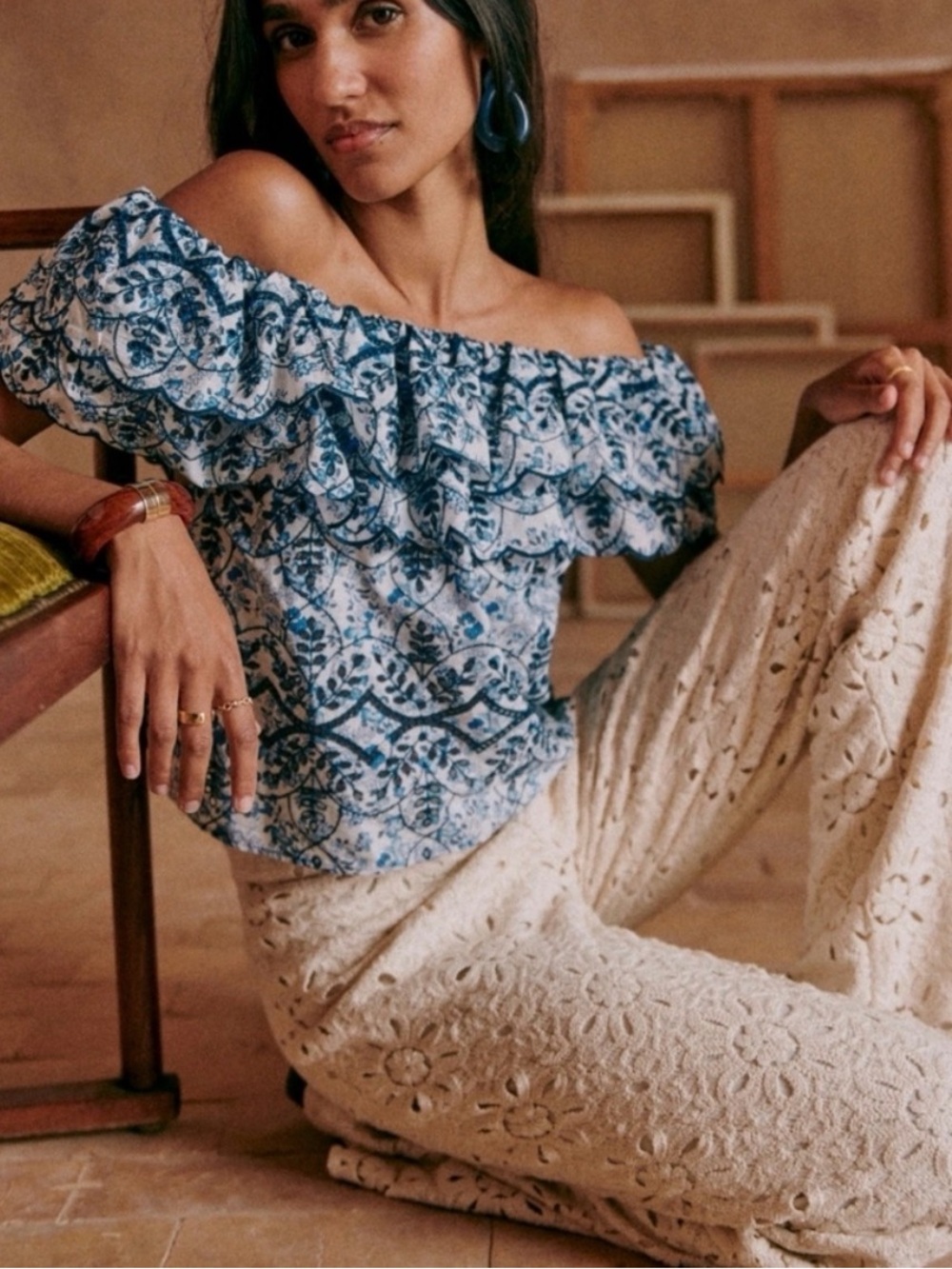 Sezane Leilani Blue and White Off-Shoulder Ruffle Floral Top